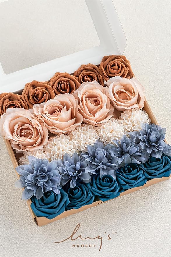 Ling's moment Artificial Flowers Fake Silk Dahlia Faux Foam Roses Combo for DIY Wedding Bouquets Centerpieces Arrangements Bridal Shower Party Home Decorations, Navy Blue & Burnt Orange, 24pcs