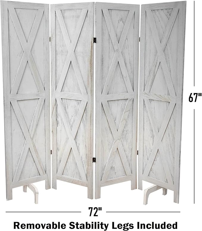 Premium Home 4-Panel Room Divider – Rustic White Barn Door, X Pattern Folding Privacy Screen, Partition Wall