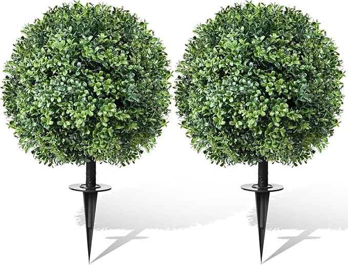 24" Artificial Topiary Boxwood Ball Tree with Ground Spike, Set of 2, UV Resistant Outside Fake Bushes Plants, Faux Cedar Balls Faux Shrubs Plastic Plants for Outdoor Indoor Front Porch Garden Decor
