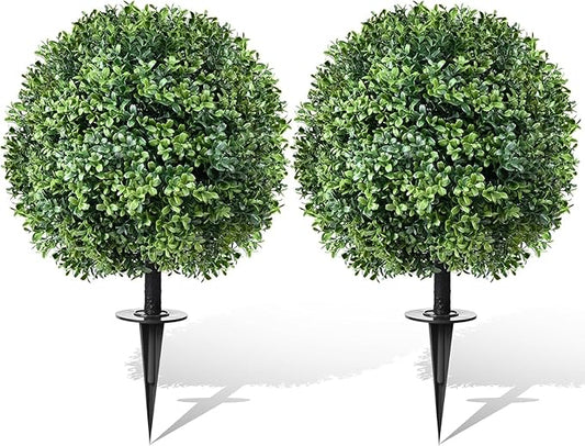 24" Artificial Topiary Boxwood Ball Tree with Ground Spike, Set of 2, UV Resistant Outside Fake Bushes Plants, Faux Cedar Balls Faux Shrubs Plastic Plants for Outdoor Indoor Front Porch Garden Decor