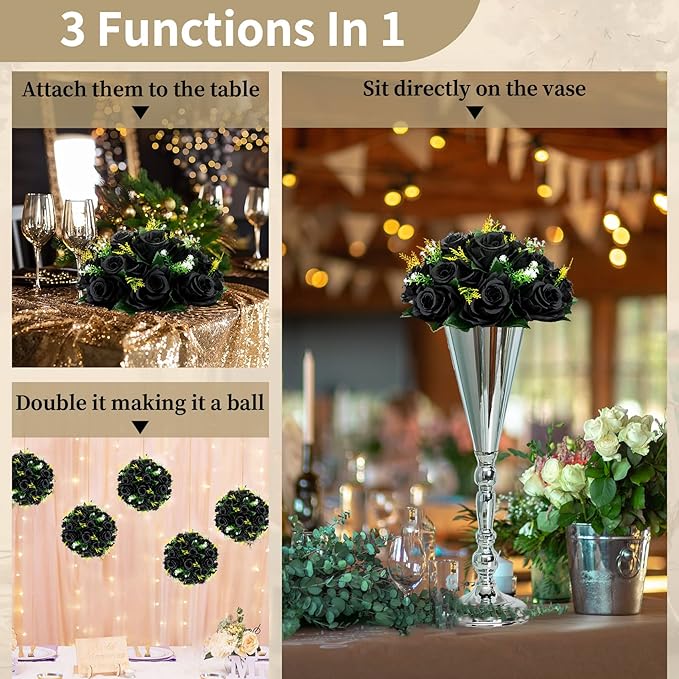 NUPTIO Black Artificial Roses Flowers: Fake Flower Bouquet Halloween Decorations - 15 Heads Artificial Rose Centerpieces with Base for Gothic Wedding Party Table Decor 2 Pcs