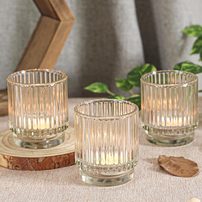Vintage Ribbed Clear Glass Tealight & Votive Candle Holders (Set of 12), Wedding Bridal Shower Party Table Decor, Fall Decor, Boho Decor, Shelf Decoration