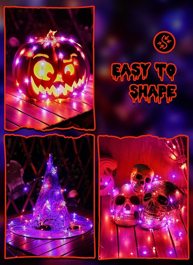 Minetom Halloween Fairy Lights Battery Operated, 5 Pack 7 FT 20 LED With Timer, Black Wire String Lights Indoor for Bedroom Party Classroom, Orange and Purple