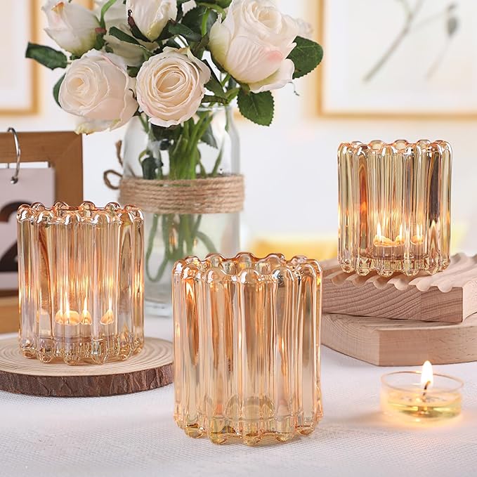 Glass Gold Votive Candle Holder, Ribbed Votive Candle Holders Set of 12, Tealight Candle Holder for Wedding Centerpieces Dinner Party Table Decor