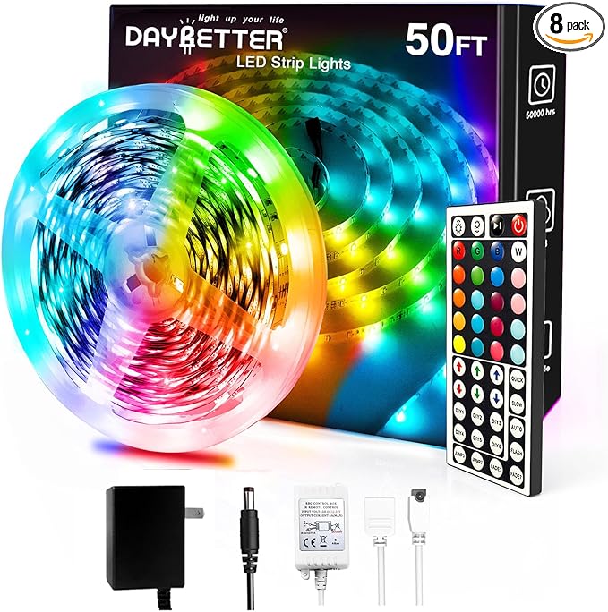 DAYBETTER Led Strip Lights 50ft, Color Changing Led Light Strip with Remote Control, 5050 RGB Strip Lighting Suitable for Home Decor, Living Room, Kitchen, Home Party Decoration