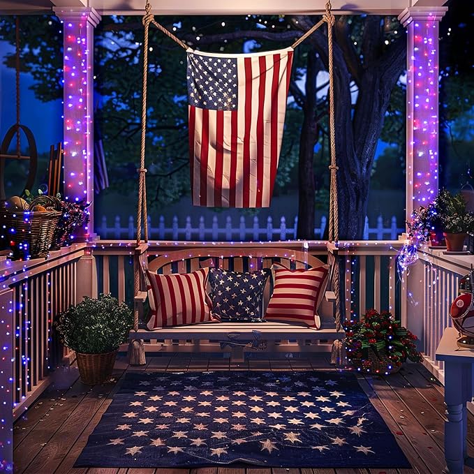 JMEXSUSS 4 Pack 50LED Red White Blue Fairy Lights Battery Operated for 4th of July, Patriotic Lights for Independence Day Decorations