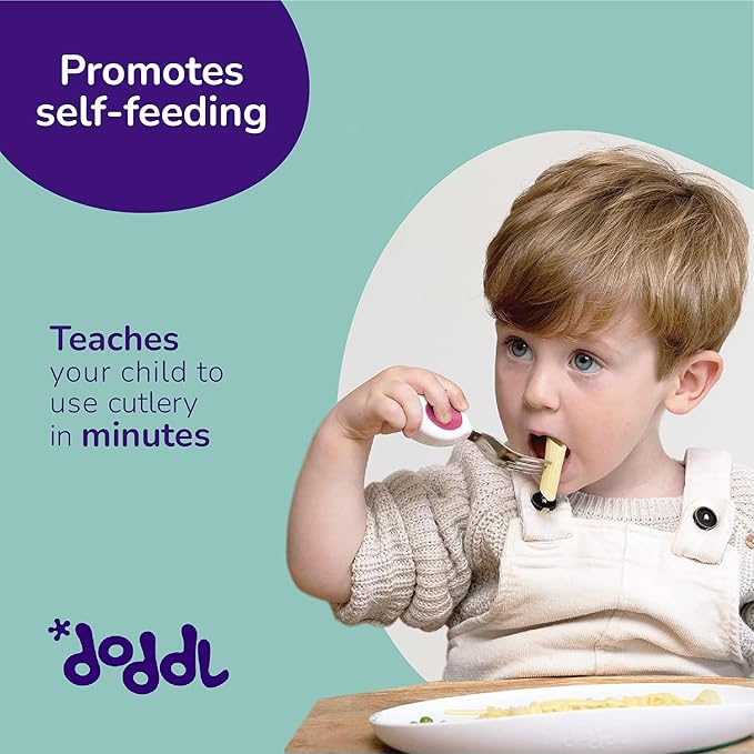 doddl Toddler Utensils, Ergonomic Fork Spoon and Knife Set for Self Feeding, Stainless Steel Silverware for 1-3 Year Olds, BPA Free, Dishwasher Safe (Indigo)