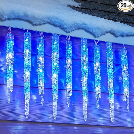 Minetom Icicle Lights Outdoor with Clips, 20ft 100 LED 20 Tubes Twinkling Icicle Strings Connectable Waterproof Hanging Christmas Lights Plug in for Eave Outdoor, Blue and White