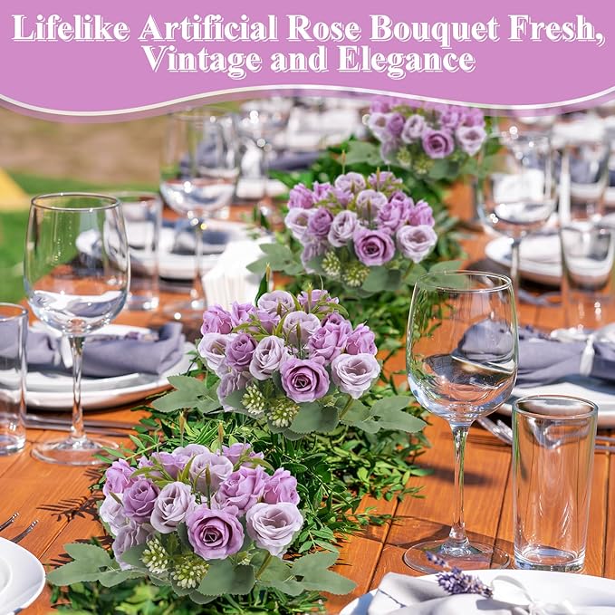 Zeyune 16 Bunches 12 Inch Artificial Mini Rose Bouquet 160 Heads Bridal Flower Bouquets Fake Silk Rose Bulk for Wedding Bridal Shower Christmas Home Office Garden Decoration(Purple and Light Purple)