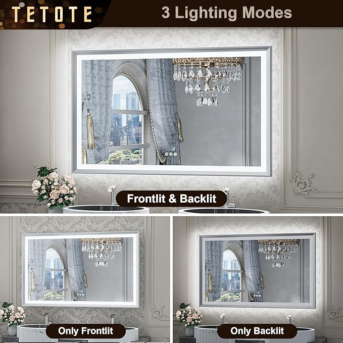 TETOTE LED Bathroom Mirror with Lights Brushed Nickel Metal Framed 40x24 Frontlit & Backlit Silver Vanity Mirror Baroque Antifog Stepless Dimmable White/Warm/Natural,Wall Mounted(Horizontal/Vertical)