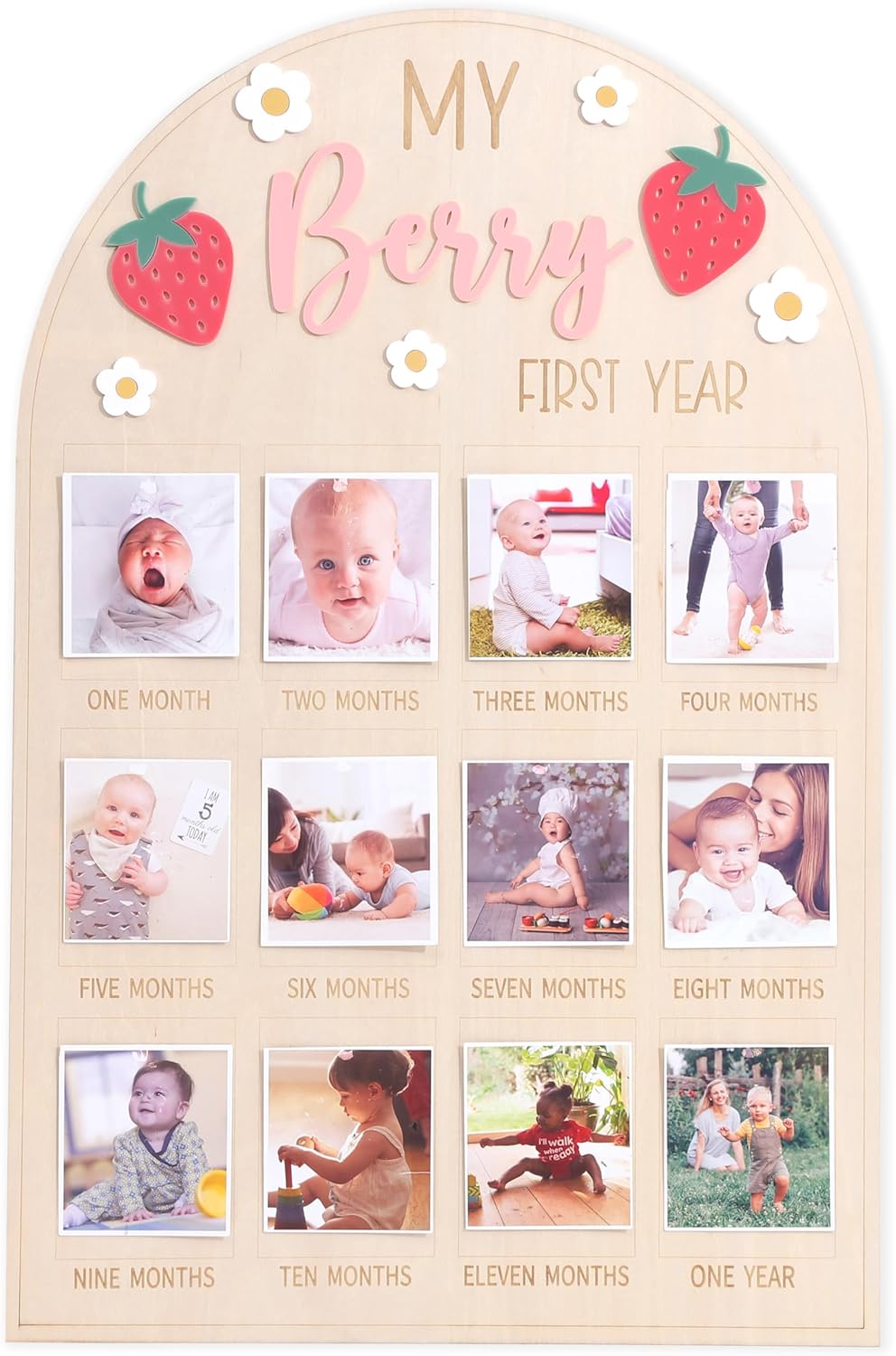 1st 1 12 WAOUH Berry First Year Photo Wood Board - Strawberry Birthday Decorations,Strawberry to Months Photo