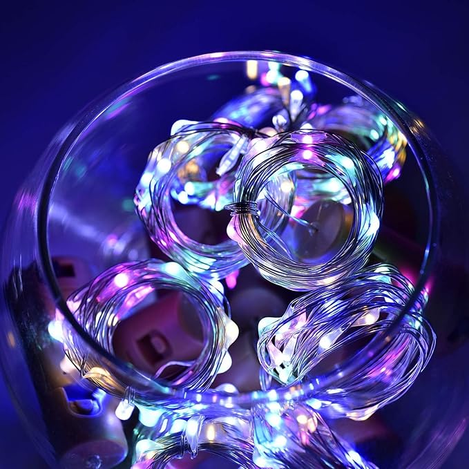 YJFWAL Wine Bottle Lights with Cork, Cork Shape Silver Copper Wire Fairy Mini String Lights, 24 Pack 20LED Battery Operated for Jar DIY, Party, Wedding, Christmas, Halloween, Bar Decor (Multicolor)
