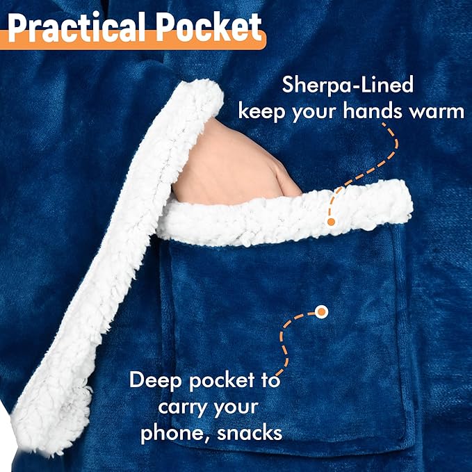 Catalonia Sherpa Wearable Blanket with Sleeves & Foot Pockets for Adult Women Men, Comfy Snuggly Wrap Sleeved Throw Blanket Robe, Gift Idea, Blue