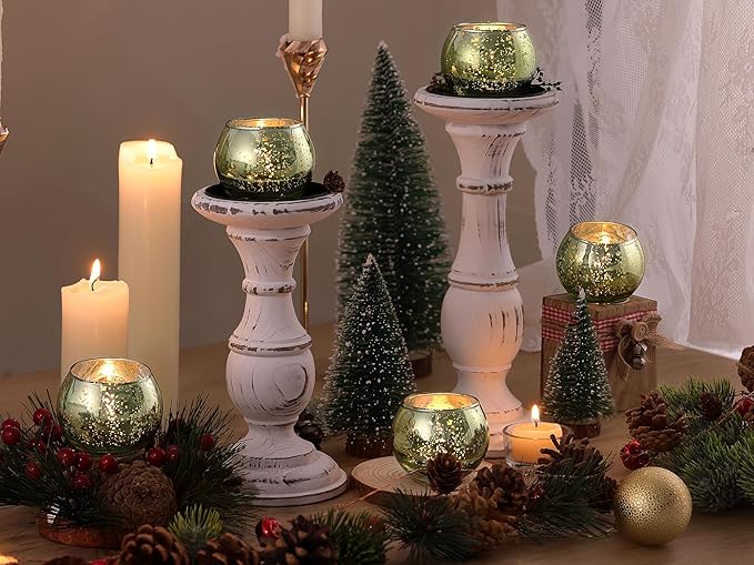 LAMORGIFT 24 Pcs Green Candle Holders - Mercury Glass Tealight Candle Holders for Spring Wedding, Birthday, Dinner Party Table Decor, Guest Favors