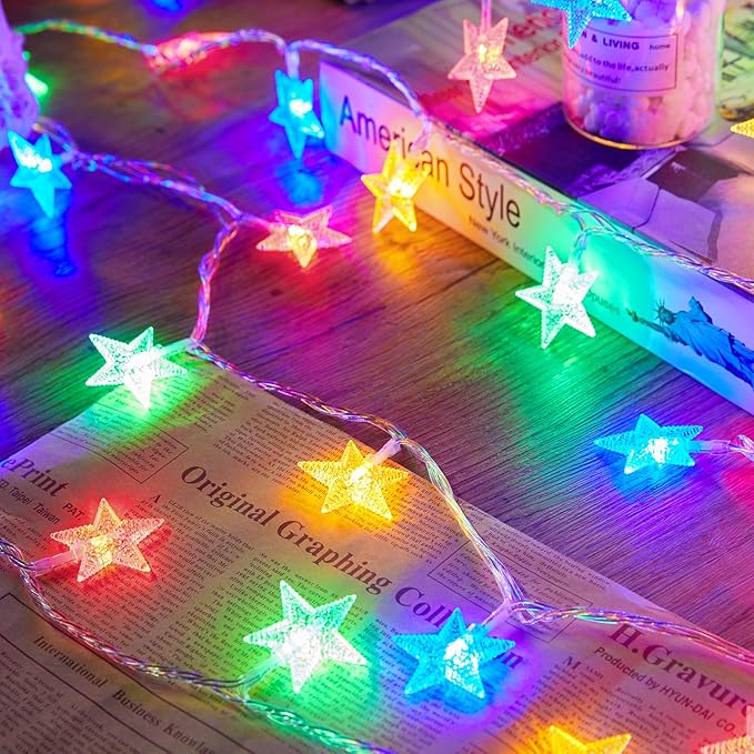 Minetom Star String Lights Battery Operated - 17 ft 50 LED Star Fairy String Lights with Timer, Waterproof for Indoor Bedroom Tent Loft Bed Patio Party Wedding Decor, Multi-Color