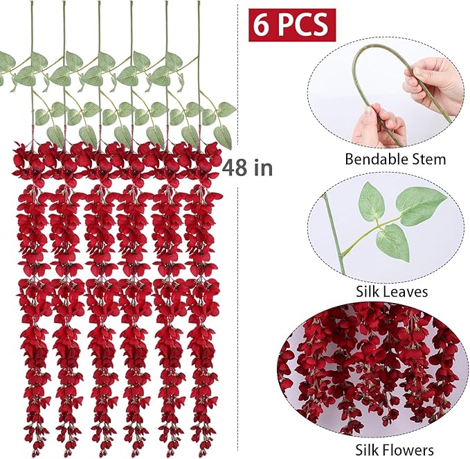 mizii 6Pcs Burgundy Wisteria Hanging Flowers 48" Silk Wisteria Artificial Flowers Garland Vines Fake Hanging Flowers Decoration for Wedding Flower Wall Backdrop Centerpieces Room Decor (Burgundy)