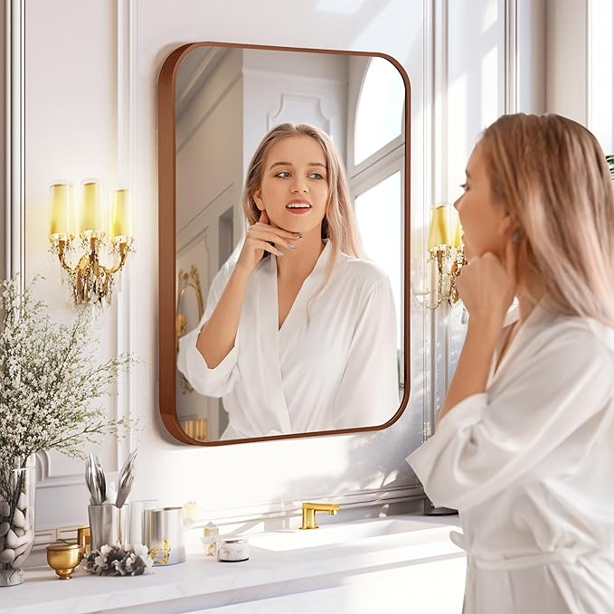 Rectangle Bathroom Mirror for Wall Decor, 40x30 Inch Brushed Bronze Metal Framed Rectangular Mirror for Bathroom Vanity, Living Room, Bedroom, Farmhouse, Hangs Vertically or Horizontally