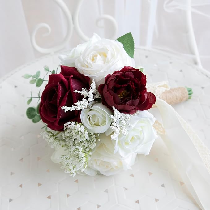 Wedding Bouquets for Bride Bridesmaid, Artificial Burgundy Champagne Bride Flower Bouquet for Wedding Church Decoration Ceremony, Anniversary, etc, Roses Flowers