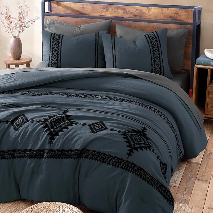 MaiRêve Embroidery Full Size Comforter Set Blue Grey, Farmhouse Western Boho Bedding Set 7 Pieces, All Season Bed in A Bag Comforter Set with Sheets, Pillowcases & Shams