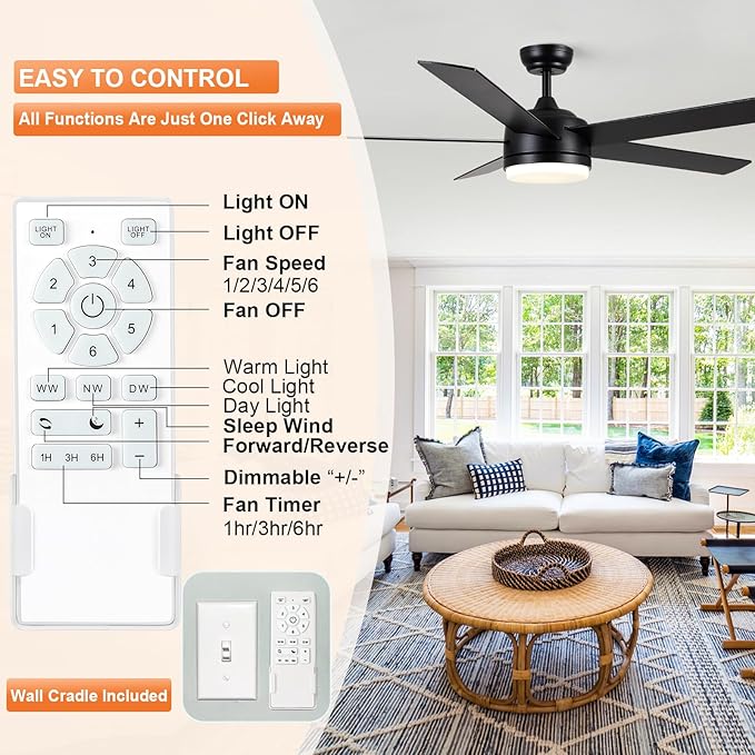 YUHAO 60 Inch Black Ceiling Fan with Light and Remote Control.Noiseless,Dimmable,3CCT,6 Speeds Reversible, DC Ceiling Fans for Indoor or Covered Outdoor