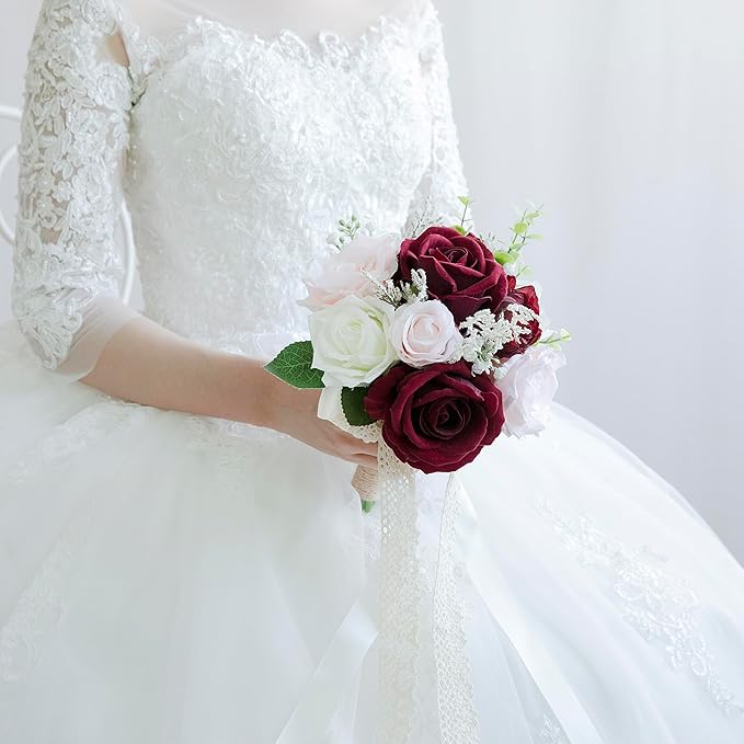 Wedding Bouquets for Bride Bridesmaid, Artificial Burgundy Blush Bride Flower Bouquet for Wedding Church Decoration Ceremony, Anniversary, etc, Roses Flowers