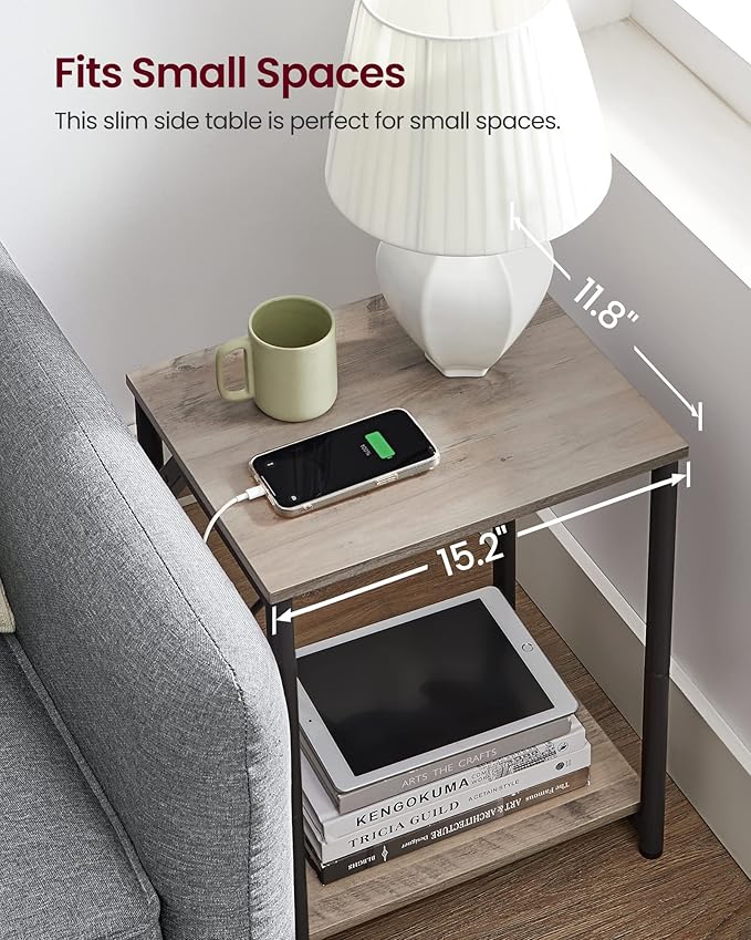 VASAGLE End Table with Charging Station, Set of 2, Small Side Tables for Living Room, Bedroom, Nightstand with Outlets and USB Ports, Bedside Table with Storage Shelf, Heather Greige and Black