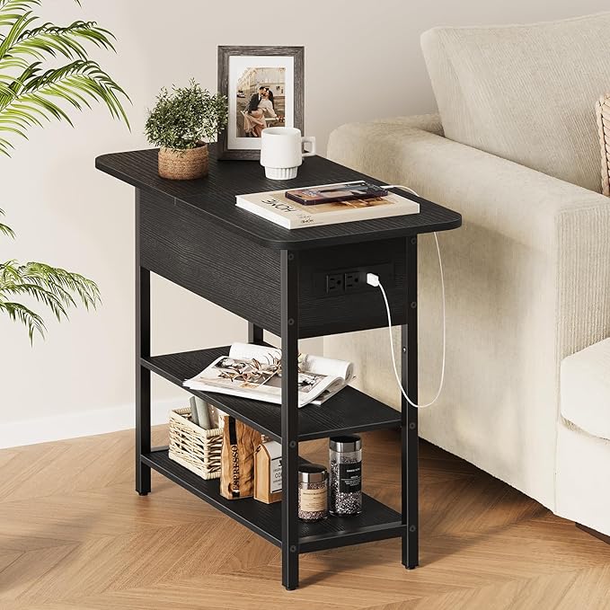 Yoobure End Table with Charging Station, Flip Top Side Table with USB Ports and Outlets, Sofa Couch Table Bedside Table for Living Room Bedroom, Narrow Nightstand with Storage Shelves for Small Space