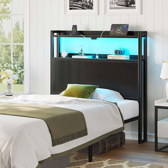 Rolanstar Headboard for Twin Size Bed with Storage, 60,000 DIY Color of LED Light, Head Board with USB & Type C Port, Height Adjustable, Black Cabeceras de Cama Comfortable Modern, Wood