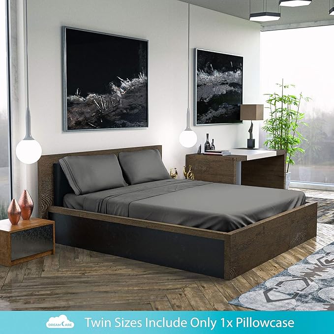 DREAMCARE Twin XL Sheet Sets – 3pcs Cooling Sheets – up to 15” Deep Pocket Twin XL Sheets Set – Hotel Luxury Sheets & Pillowcases – Superior Softness 100% Fine Microfiber with Side Pocket – Dark Gray