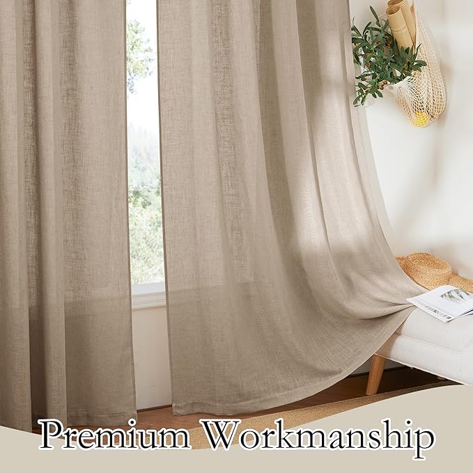 RYB HOME Linen Curtains Over Sink 36 inches Length, 2 Panels Light Filtering Privacy Semi Sheer Curtains for Bathroom Kitchen Small Window, Length 36 by Width 52 inch, Khaki