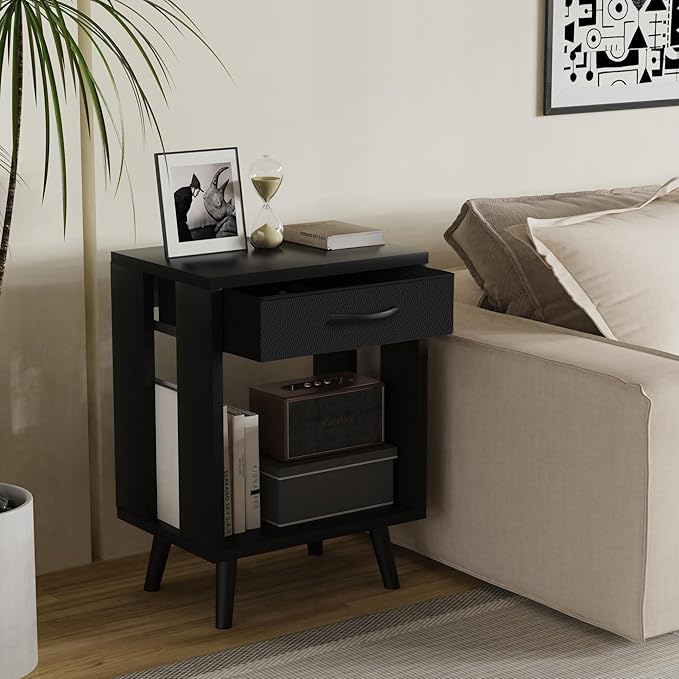 GYIIYUO Nightstands Set of 2 with Fabric Storage Drawer and Open Wood Shelf, Side Table with Storage for Bedroom, Night Stand with Drawer for Bedroom, Bedside Tables - Black 24" H