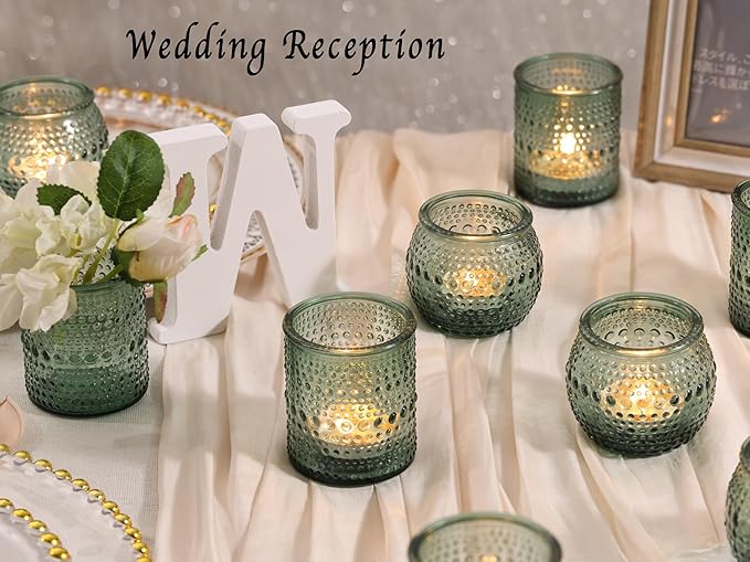 16 Pcs Assorted Green Votive Candle Holders- Glass Tealight Candle Holder for Wedding Table Decor, Green Candle Holders for Christmas, Vintage Party Table Decor