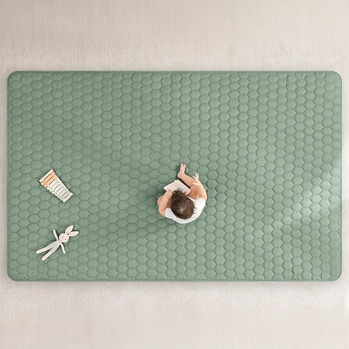 Comfy Cubs Rectangle Kids Play Mat - Large 60 x 96 inches Soft Quilted Baby Floor Mat with Non-Slip Bottom - Plush Design for Toddlers' Playtime and Relaxation - Comfortable and Durable - Fern