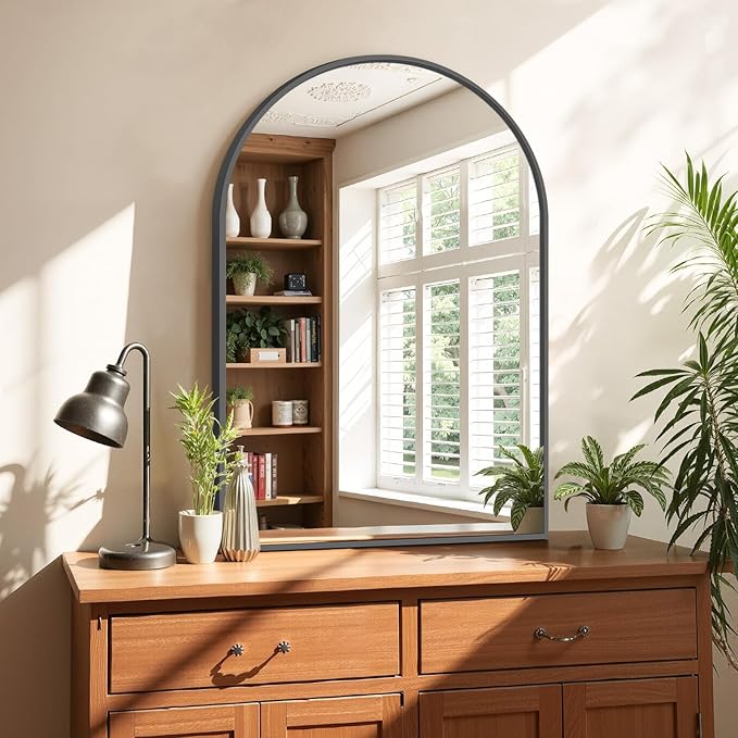 Sweetcrispy Arched Bathroom Mirror 30x20.5 Inch Black Metal Framed Arch Vanity Mirror for Wall, Over Sink, Farmhouse, Restroom, Anti-Rust, Modern Decorative, Hanging or Leaning