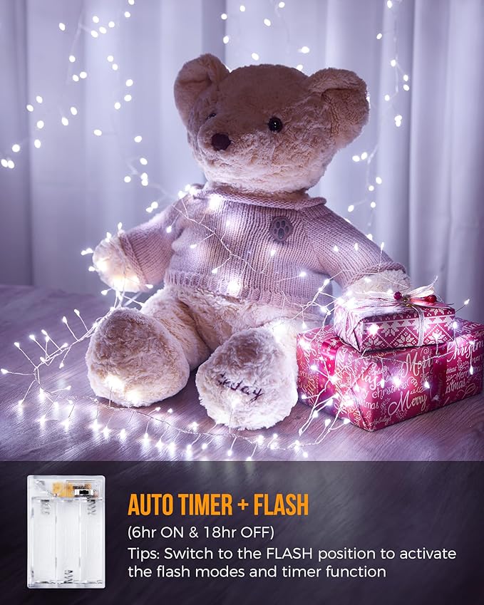 Pure White Battery Operated Fairy Lights, 2 Pack Totally 20 FT 240LED Twinkle Firecracker String Lights, Waterproof Cluster Lights for DIY Indoor Wreath Wedding Bedroom Christmas Decoration