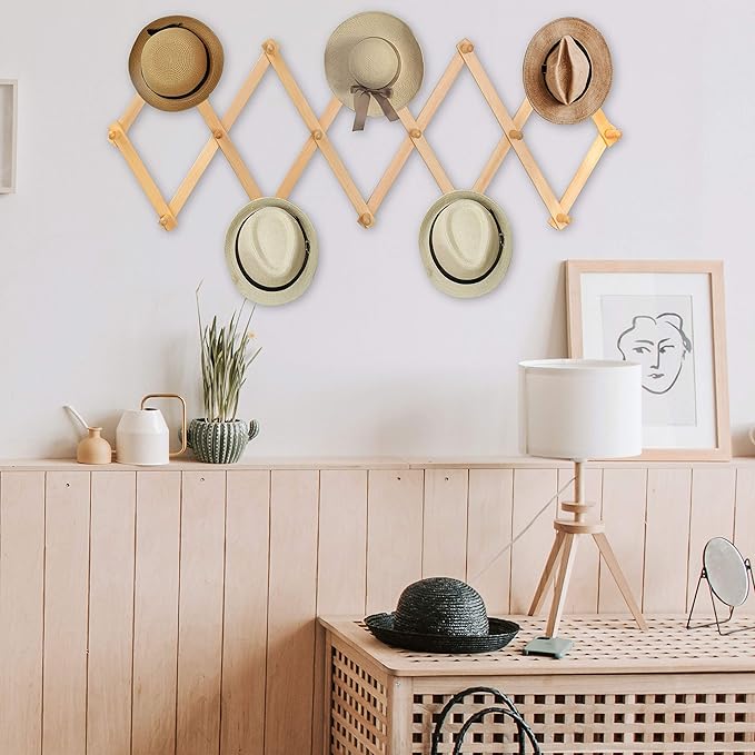 WEBI Accordion Wall Hanger,Expandable Wooden Coat Rack Wall Mounted,Accordion Hat Rack for Wall Rack for Hats,Caps,16 Peg Hooks,Natural