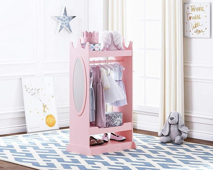 UTEX Kids Dress up Storage with Mirror,Costume Wardrobe for Kids, Open Hanging Armoire Closet,Pretend Storage Closet, Costume Storage Dresser (Pink)