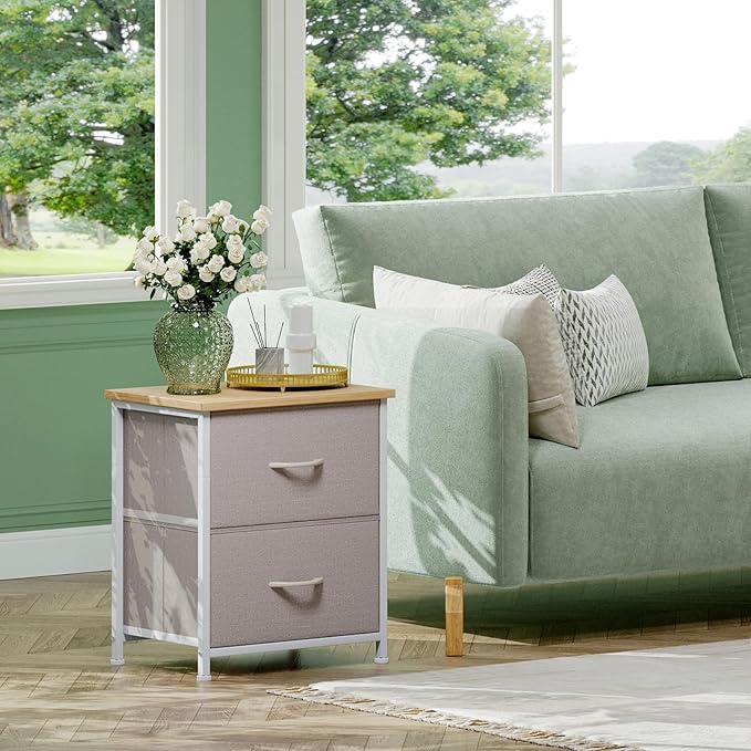 Somdot Nightstand with 2 Drawers, Bedside Table Small Dresser with Removable Fabric Bins for Bedroom Nursery Closet Living Room - Sturdy Steel Frame, Wood Top, Pull Handle - Ash Grey