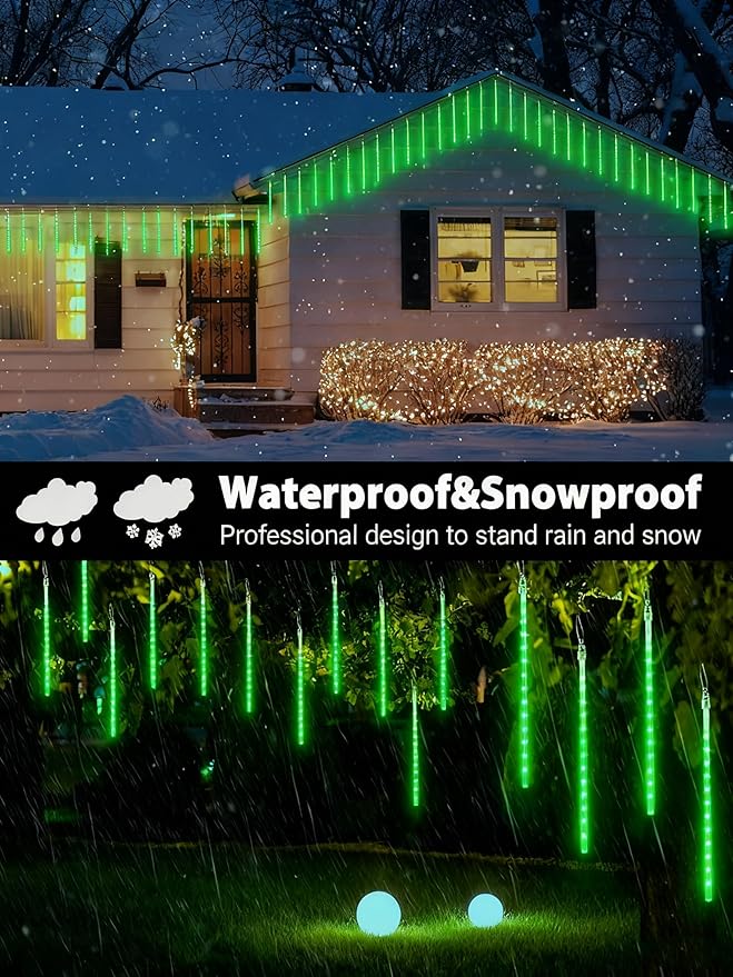 Joomer Christmas Lights Outdoor, 11.8 inch 10 Tubes 240 LED Meteor Shower Lights, LED Snow Falling Icicle Cascading Light with Timer Waterproof and Connectable for Christmas Decoration (Green)