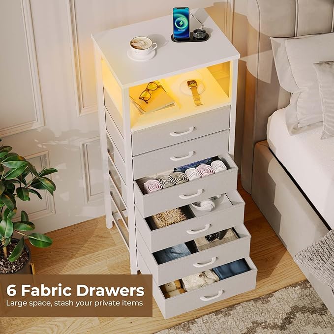 Seventable Night Stand with Charging Station, Tall Nightstand with 6 Fabric Storage Drawers, Side Table with LED Light for Bedroom, Entryway, White