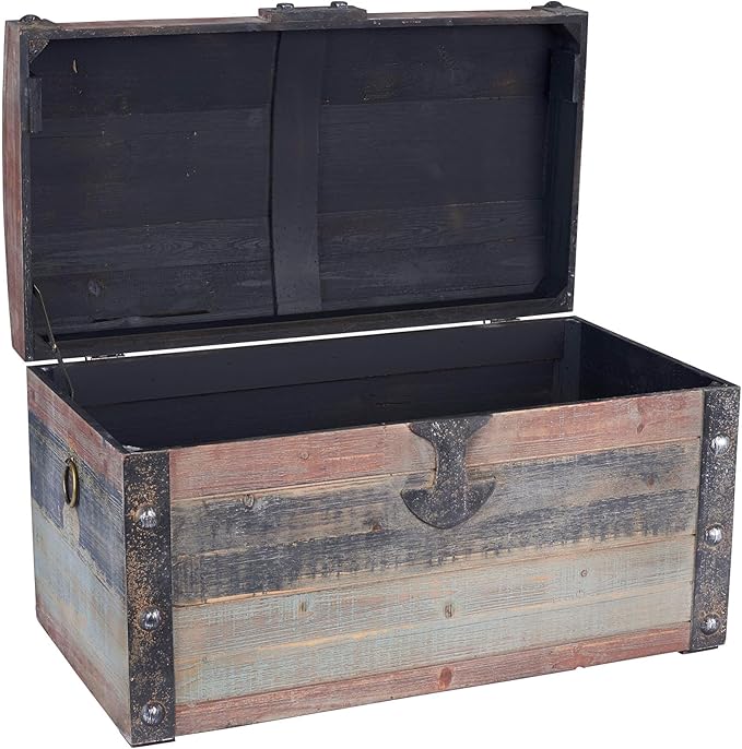 Household Essentials Small Wooden Storage Trunk, Weathered Wood with Paint Finish, Hinged Lid with Metal Accents