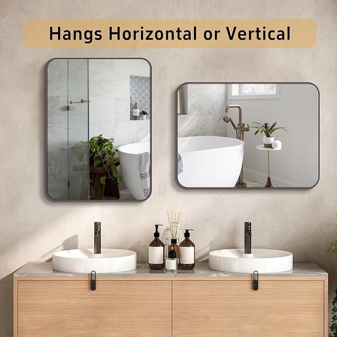 20"x30" Brushed Titanium Bathroom Mirror, Dark Grayish Brown Rounded Rectangle Wall Mirror with Metal Frame Hanging for Bathroom Entryway Vanity,Living Room,Bedroom,Vertical or Horizontal