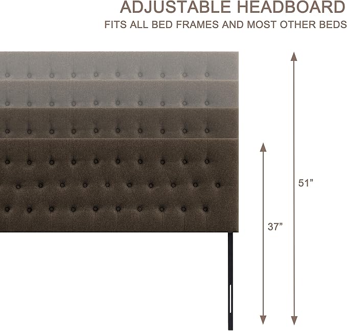 Tufted Upholstered Headboard Full Size, Solid Wood Head Board with Durable Metal Legs, Adjustable Height Bed headboard from 37” to 51” Fabric Headboard in Modern Button Design, Chocolate