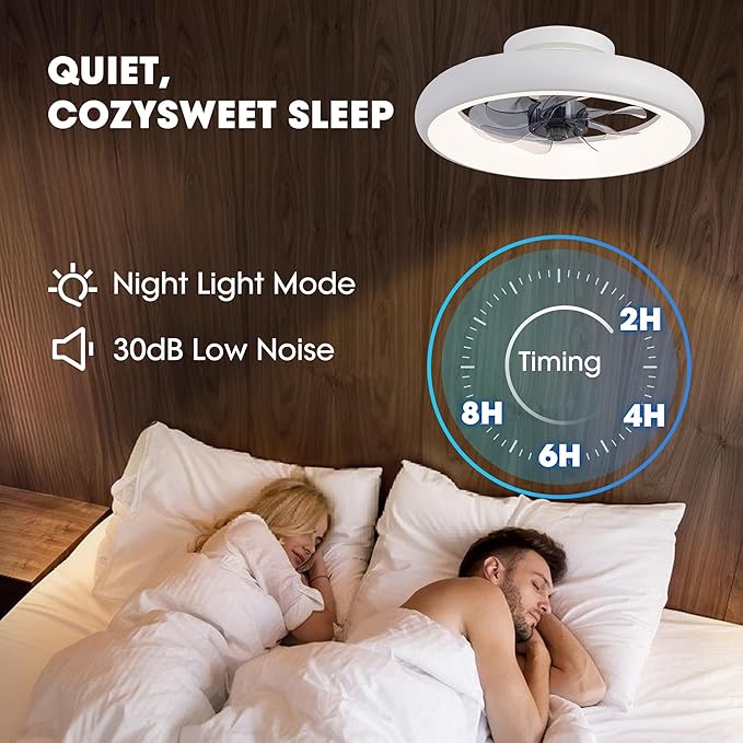 Ceiling Fans with Lights and Remote, 15'' Low Profile Flush Mount Ceiling Fan with Lights, 6 Wind Speeds, Modern Dimmable LED Ceiling Fan, Smart Ceiling Fan for Bedroom, Kids Room (White)