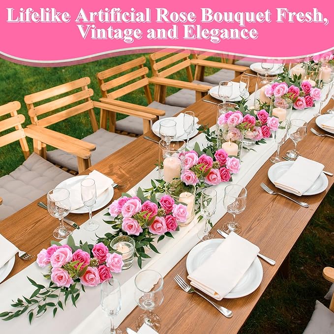 Zeyune 8 Pack 12 Inch Wedding Bouquets for Bride Bridesmaid Pink and Rose Red Artificial Rose Bouquet Fake Silk Roses Flowers Bunches Bulk for Home Office Garden Parties Decoration