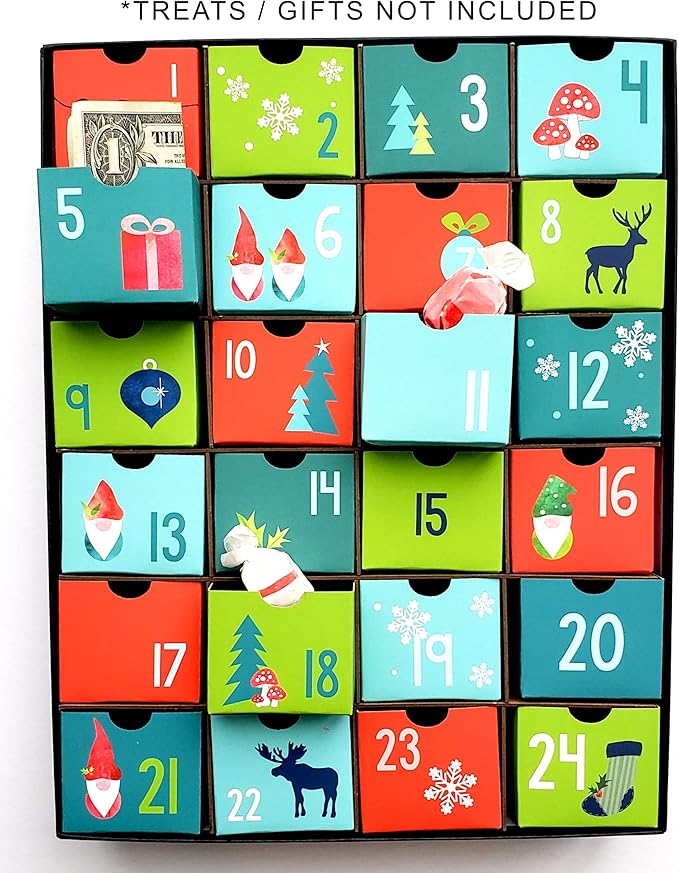 Festive Cardboard Gnome Elf Woodland Holiday Season Fill-Your-Own DIY Advent Calendar/Countdown Box | Scandinavian Nordic Themed Christmas by Nerdy Words