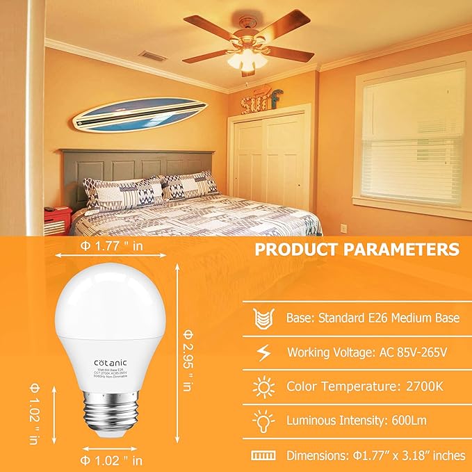 Cotanic Ceiling Fan Light Bulbs 2700K Warm White, A15 LED Bulb E26 Medium Screw Base,6W Small Chandelier Light Bulb 60W Equivalent,600lm,Non-Dimmable,6 Pack