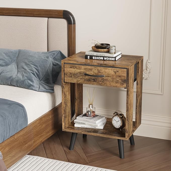 GYIIYUO Nightstands Set of 2 with Fabric Storage Drawer and Open Wood Shelf, Side Table with Storage for Bedroom, Night Stand with Drawer for Bedroom, Bedside Tables - 15.8" D x14 W Rustic Brown