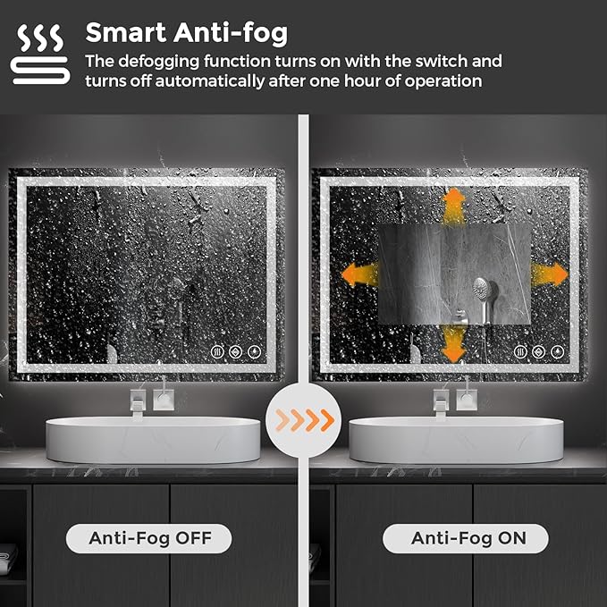 Koonmi 24x36 LED Bathroom Mirror, Backlit + Front Lit, LED Bathroom Mirror with Lights for Wall, 3 Colors, Anti-Fog, Dimmable Brightness, Memory Function, Tempered Glass