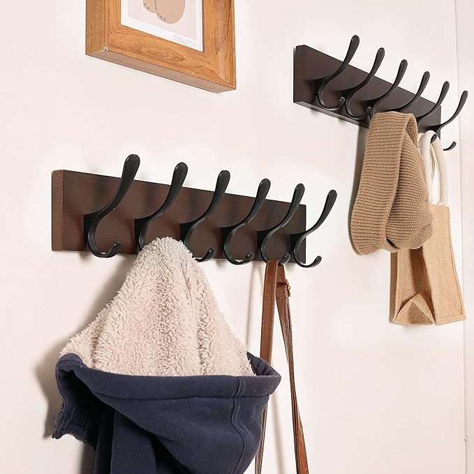 SKOLOO Coat Rack Wall Mount - Wooden Brown Wall Coat Hook, Pack of 2, Wall Coat Hanger Rack with 6 Hooks for Hanging Coats, Hats, Clothing, Scarfs, Brown & Black